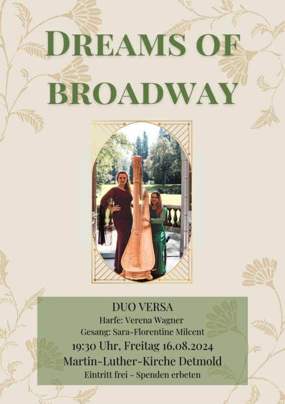 Plakat zum Konzert des Duos Duo Versa, das am 16. August 2024 in der Martin-Luther-Kirche Detmold um 19:30 Uhr unter dem Titel „Dreams of Broadway“ stattfindet.